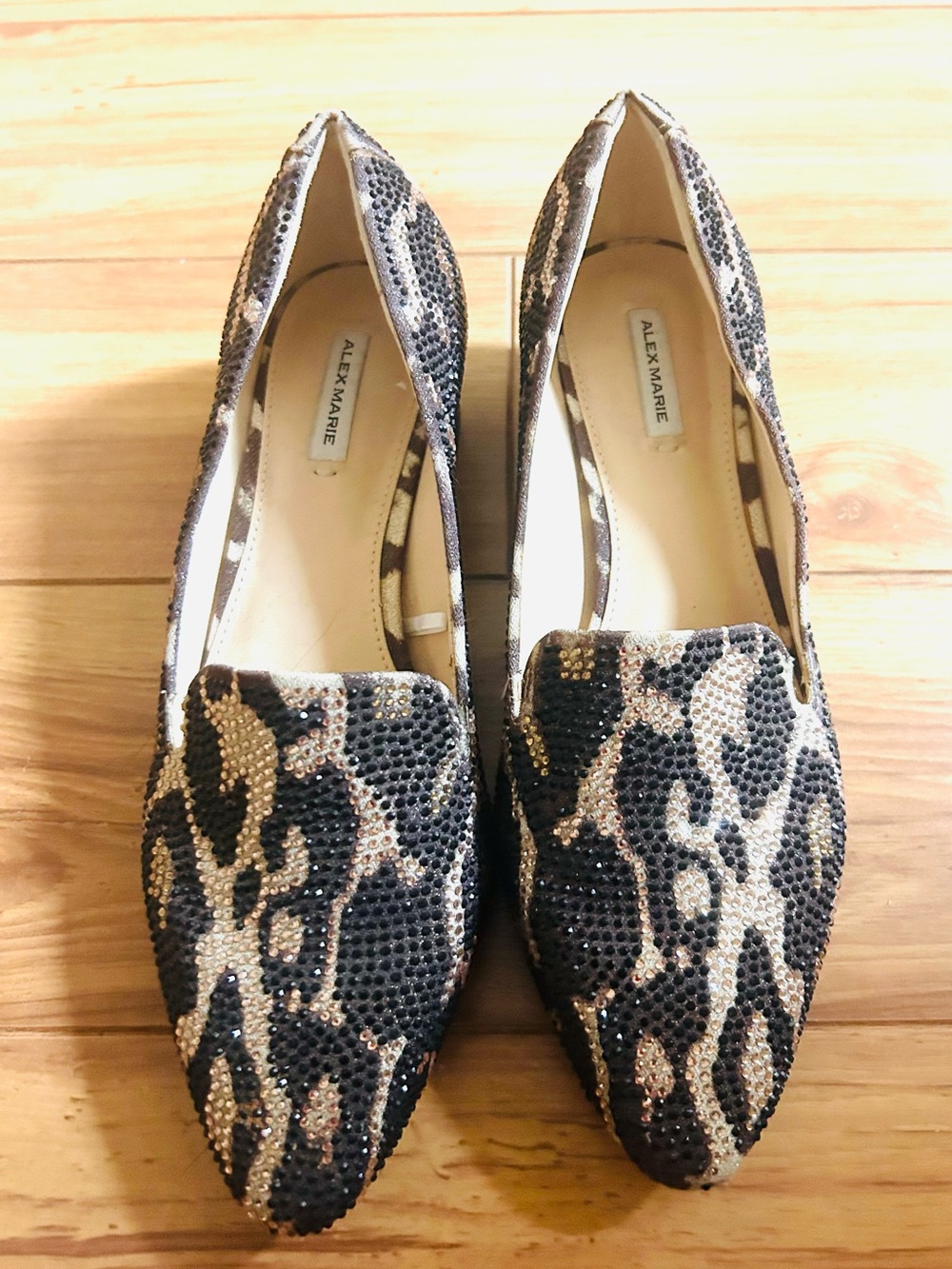 Alex Marie Leopard Sequin Pointed-Toe Flats in Black and Gold